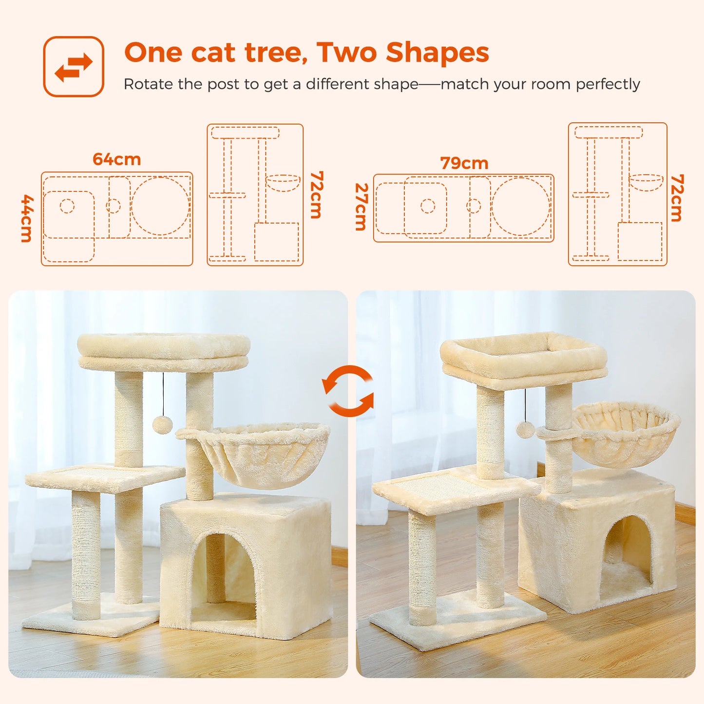 Premium Cat Activity Tree 2-in-1 - Convertible Tower with Hammock & Removable Perch