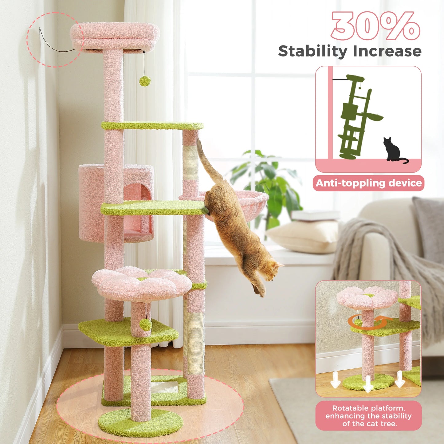 Pink and green cat tree with a cat climbing on it, in a home setting.