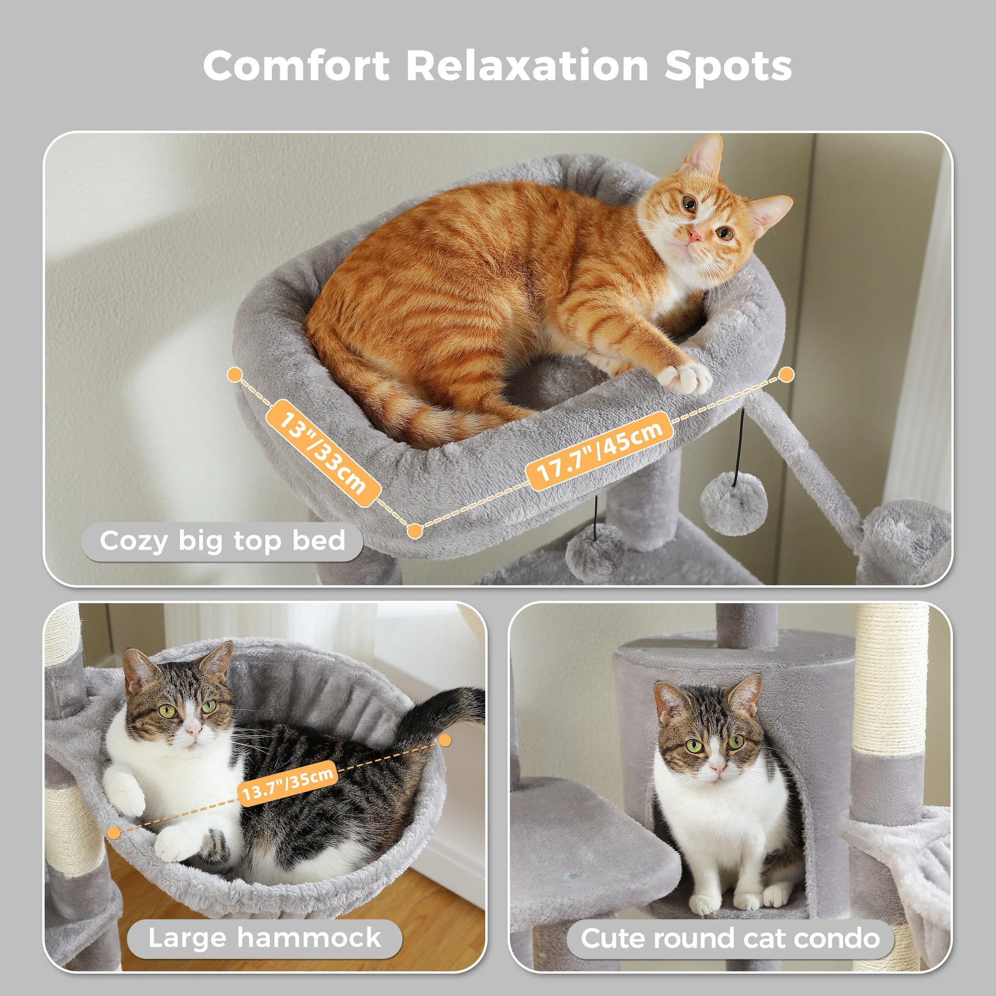 Cat sitting on a cat tree with measurements and additional cat furniture shown.
