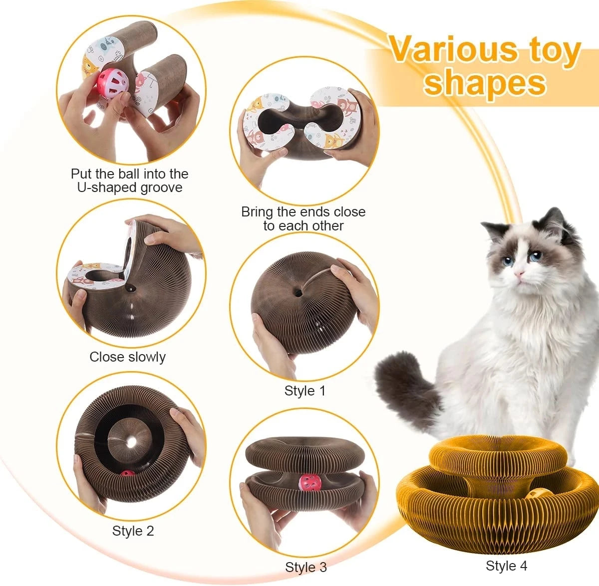 Cat toy with various shapes and a cat sitting next to it.