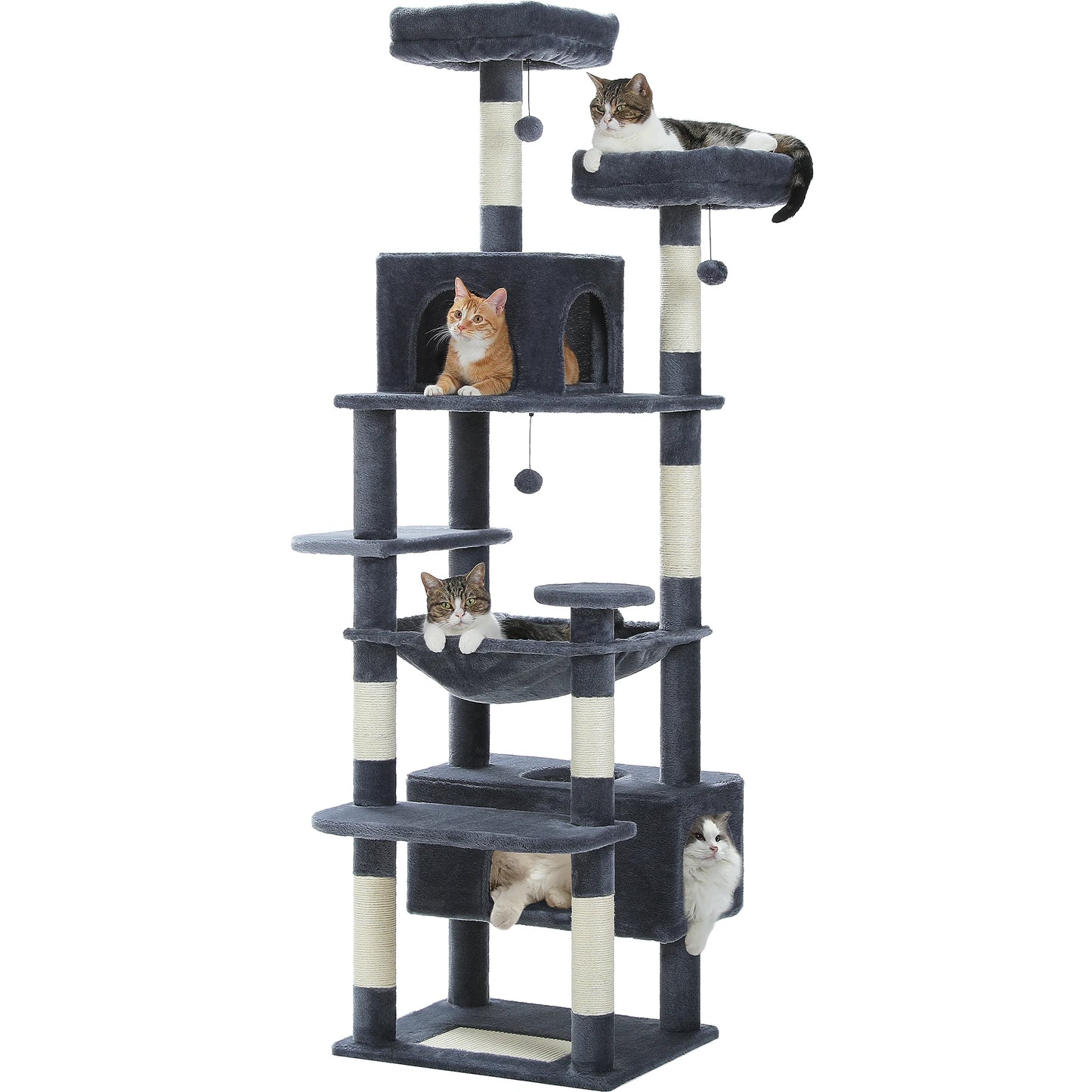 Cat tree with multiple levels and perches on a white background