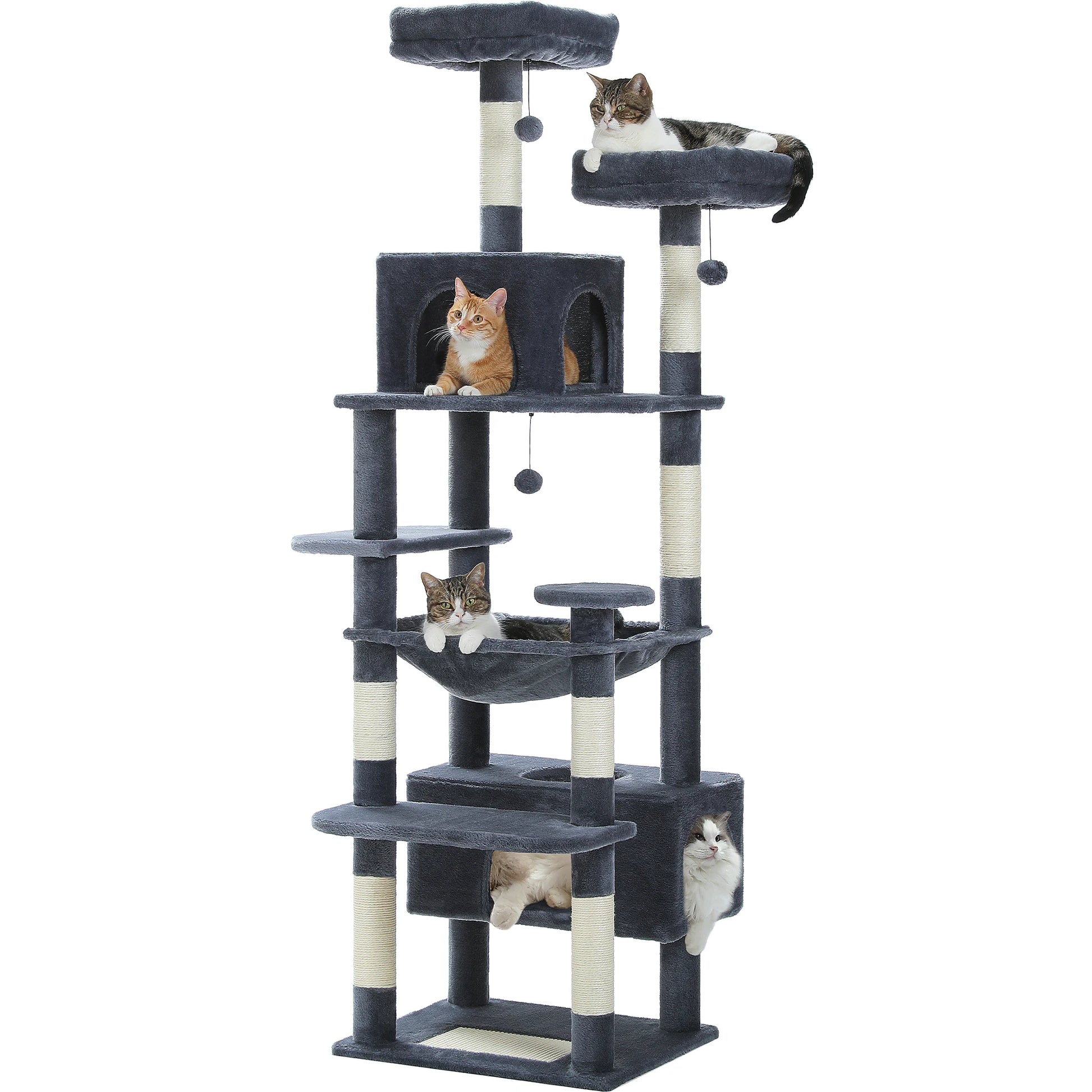 Cat tree with multiple levels and perches on a white background