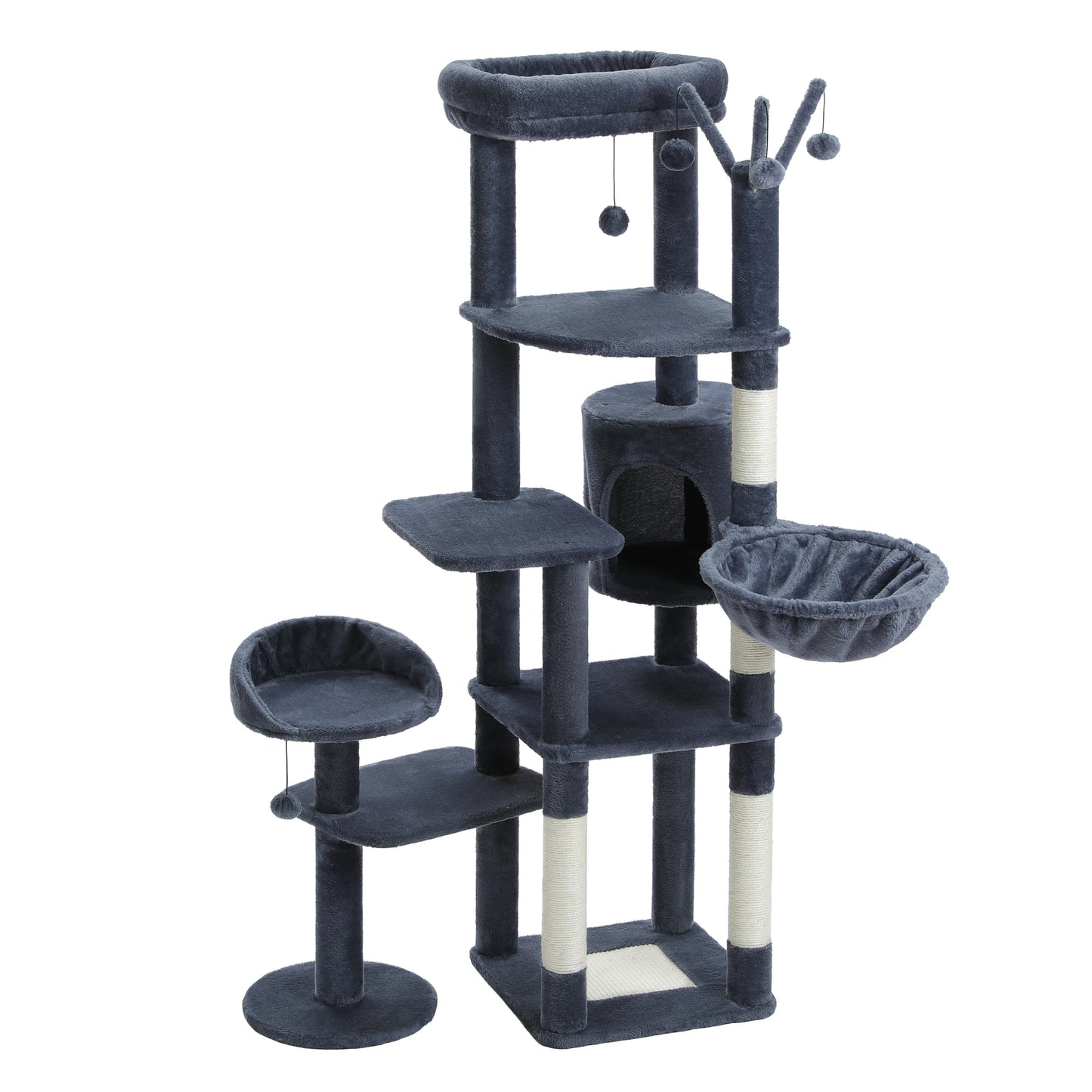 Cat tree with multiple levels, platforms, and a hanging toy on a white background