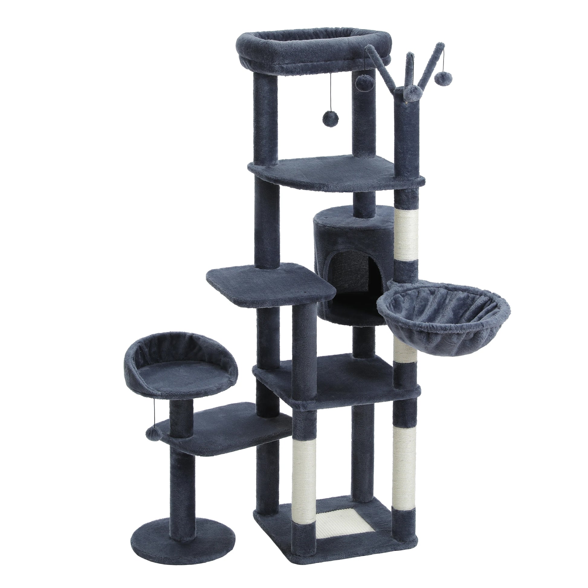 Cat tree with multiple levels, platforms, and a hanging toy on a white background