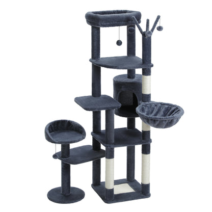 Cat tree with multiple levels, platforms, and a hanging toy on a white background