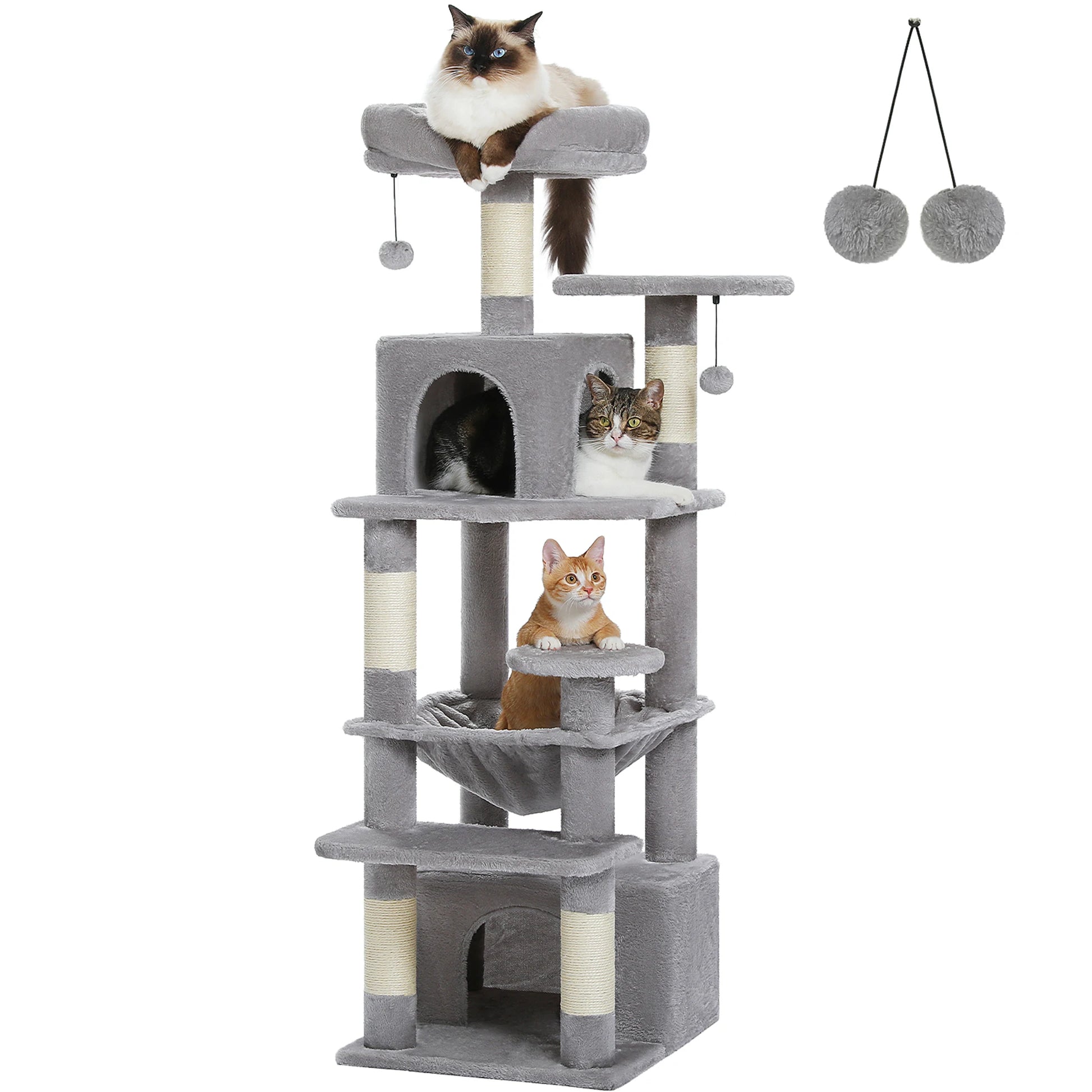 Cat tree with multiple cats on a white background