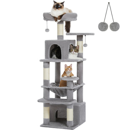 Cat tree with multiple cats on a white background