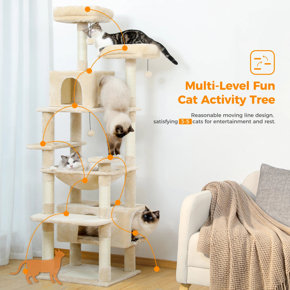 Multi-level cat activity tree with cats on various platforms in a living room setting.