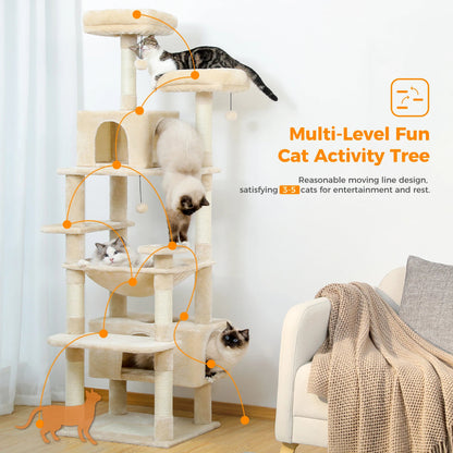 Multi-level cat activity tree with cats on various platforms in a living room setting.