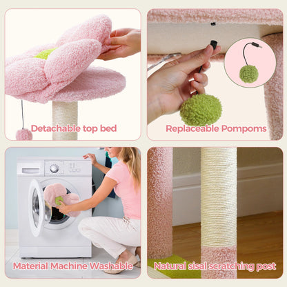 Collage of a cat tree with features like detachable top bed, replaceable pom-poms, machine washable material, and natural sisal scratching post.