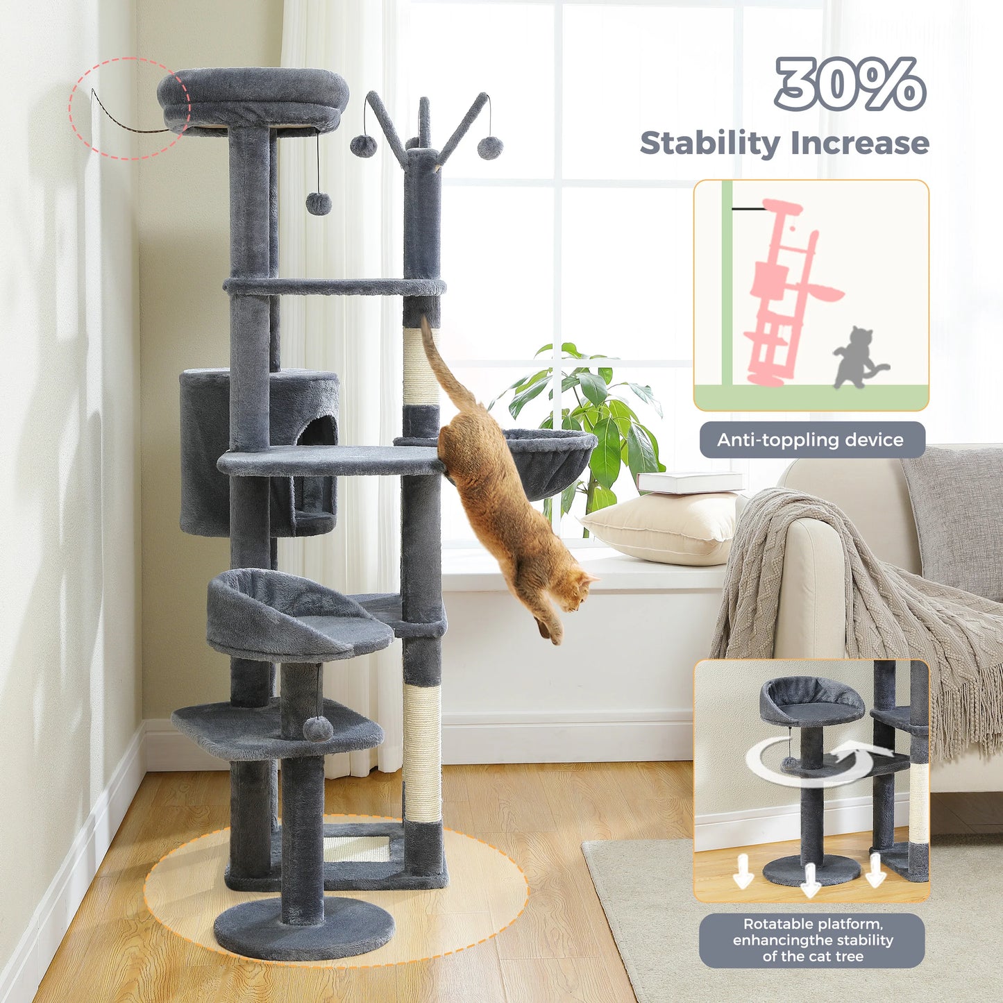 Cat climbing tree with stability features in a home setting