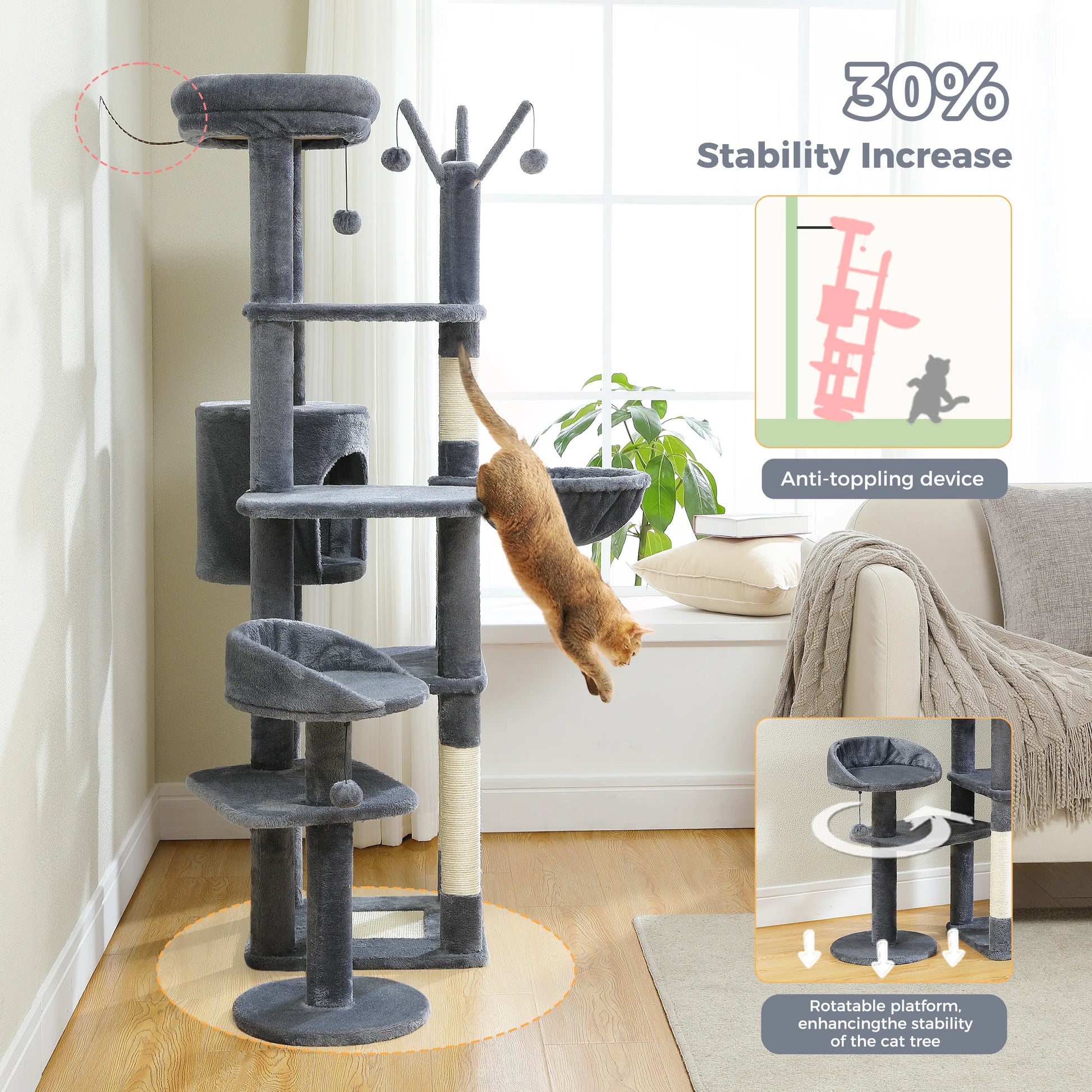 Cat climbing tree with stability features in a home setting