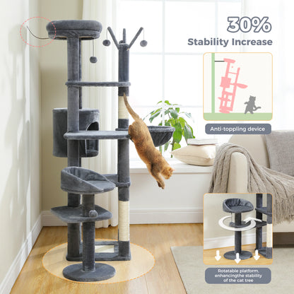 Cat climbing tree with stability features in a home setting
