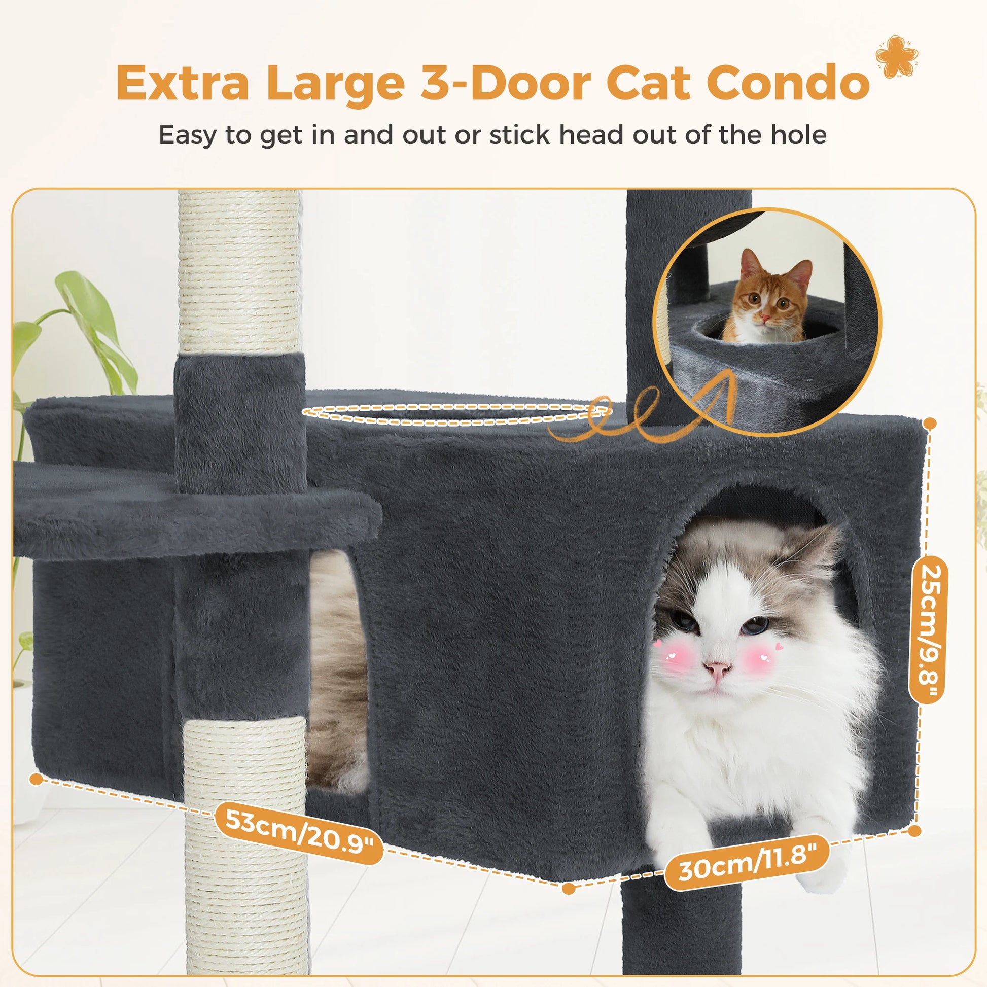 Extra Large 3-Door Cat Condo with cats inside, showing size and features.
