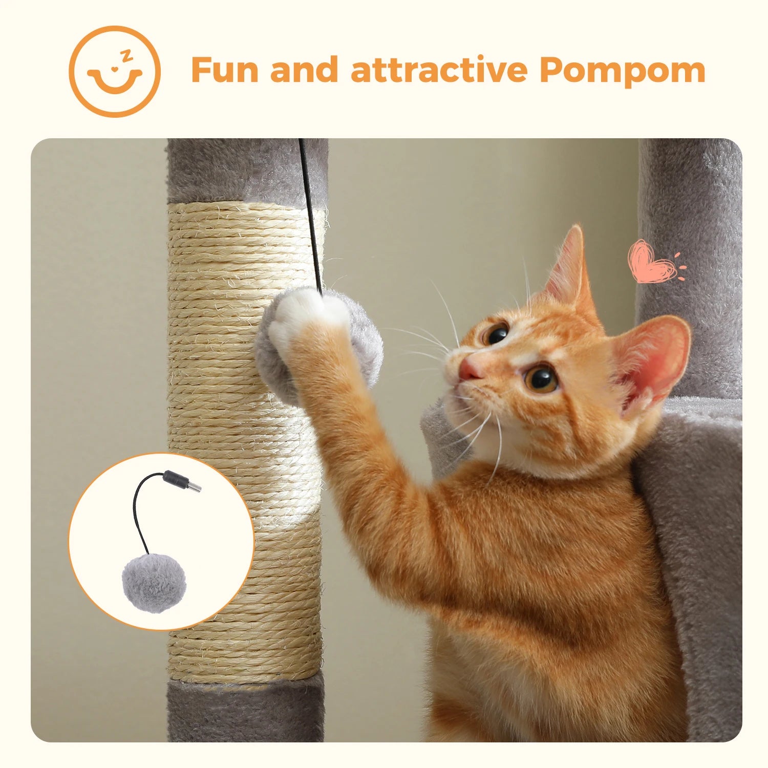 Cat playing with a scratching post and dangling pom-pom toy.