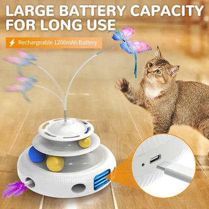 Cat toy with colorful feathers and a cat interacting with it, highlighting large battery capacity.