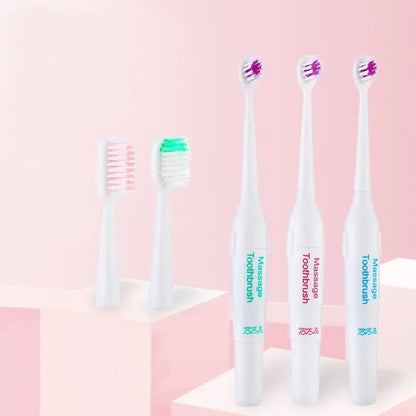 Set of four white toothbrushes with colorful bristle heads on a pink background