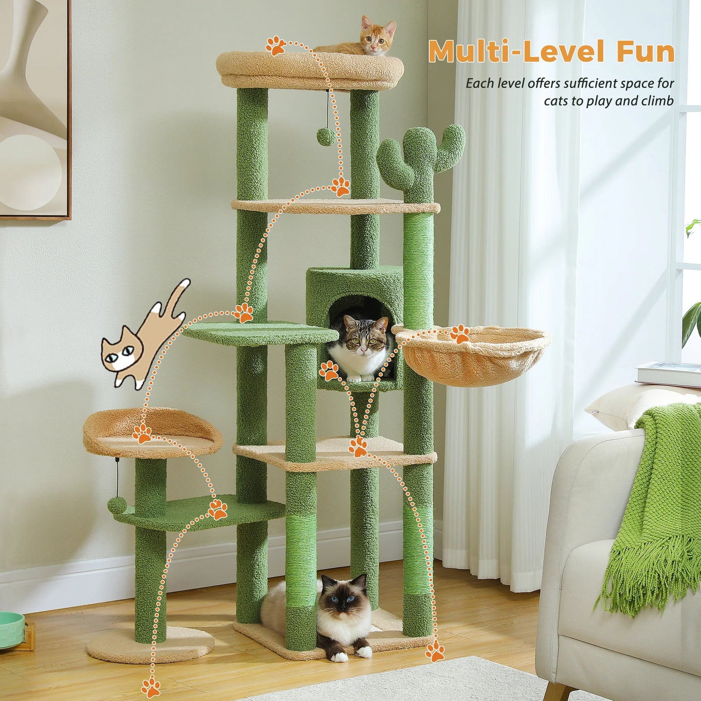 Green multi-level cat tree with cats on each level in a living room setting.