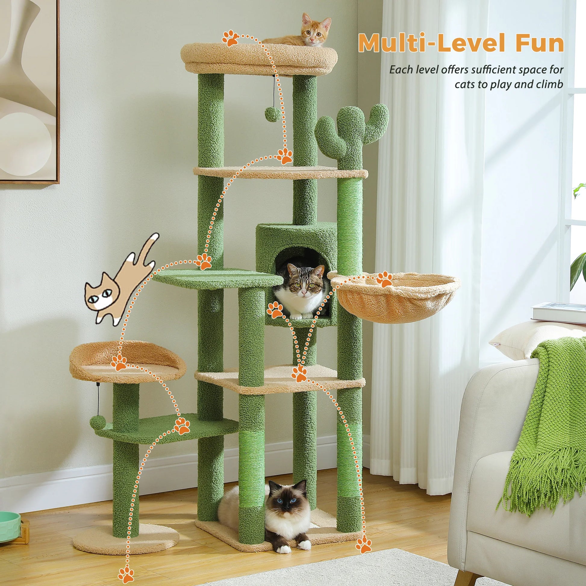 Green multi-level cat tree with cats on each level in a living room setting.