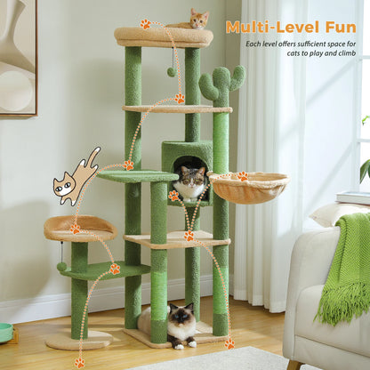 Green multi-level cat tree with cats on each level in a living room setting.