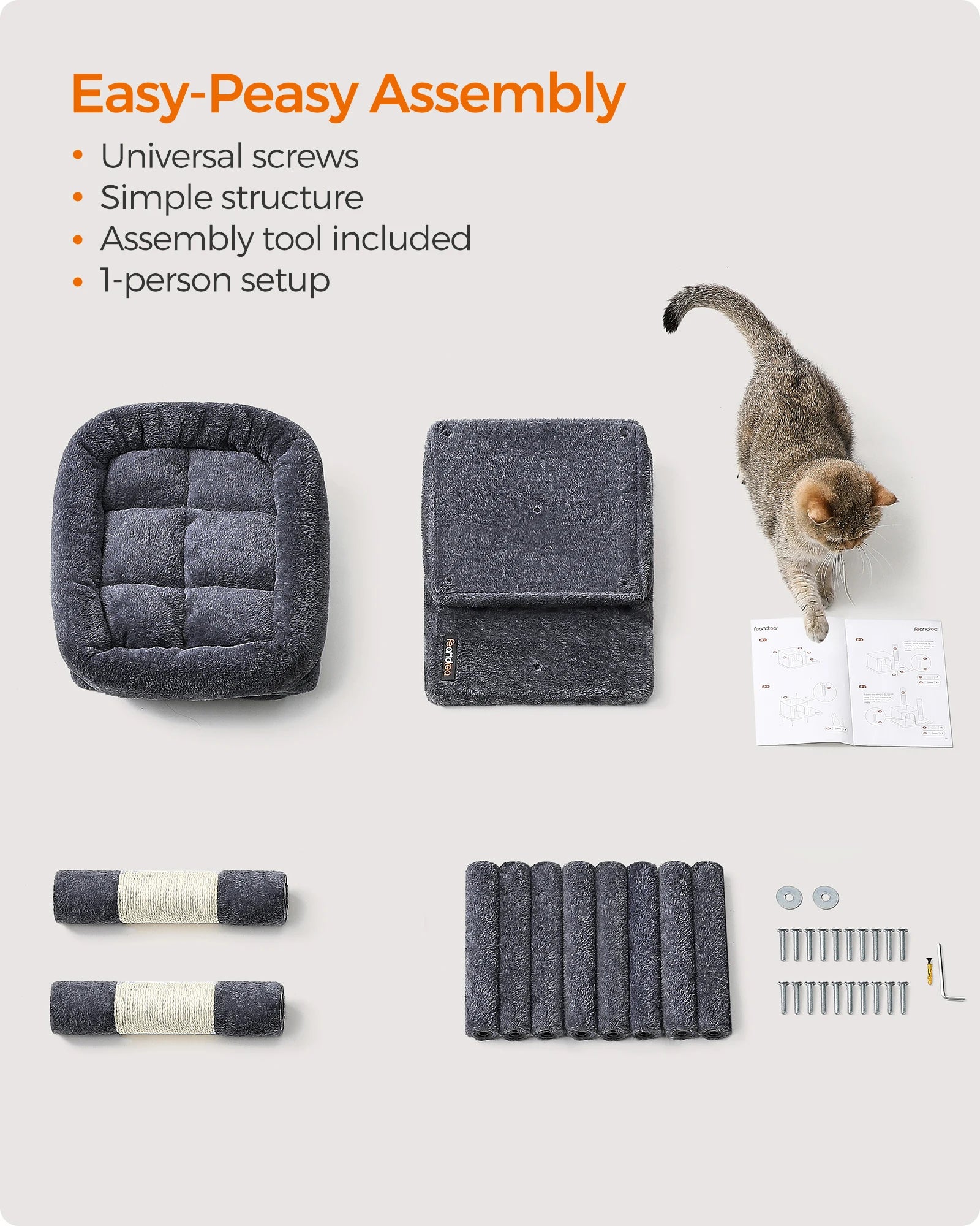 Cat bed assembly kit with components and a cat inspecting an instruction manual on a white background.