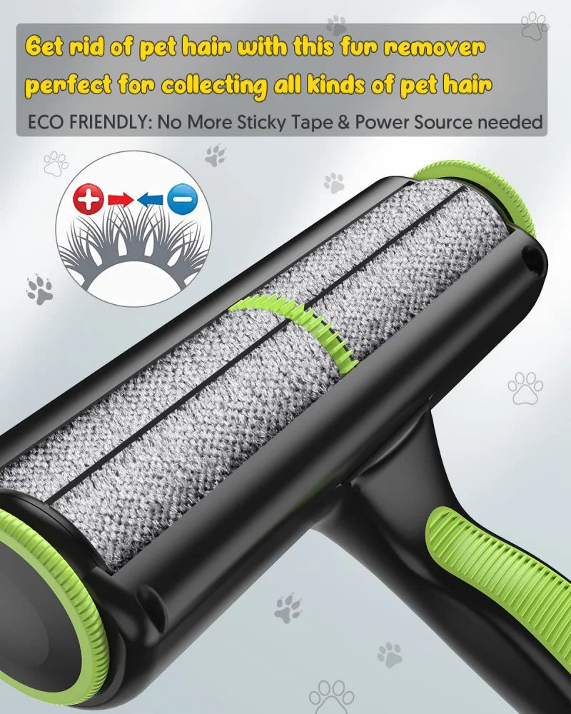 Pet hair remover with text about eco-friendliness on a light gray background