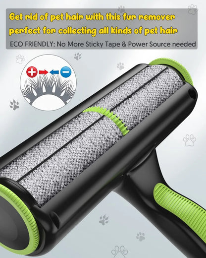 Pet hair remover with text about eco-friendliness on a light gray background