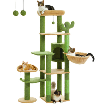 Green cat tree with multiple levels and a basket, featuring four cats on different parts of the structure.