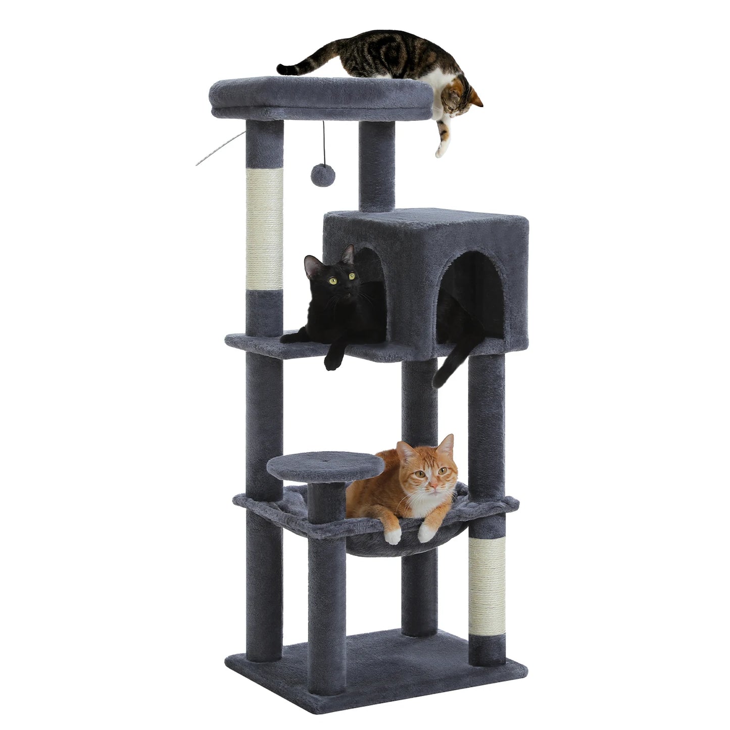 Cat tree with multiple cats on a white background