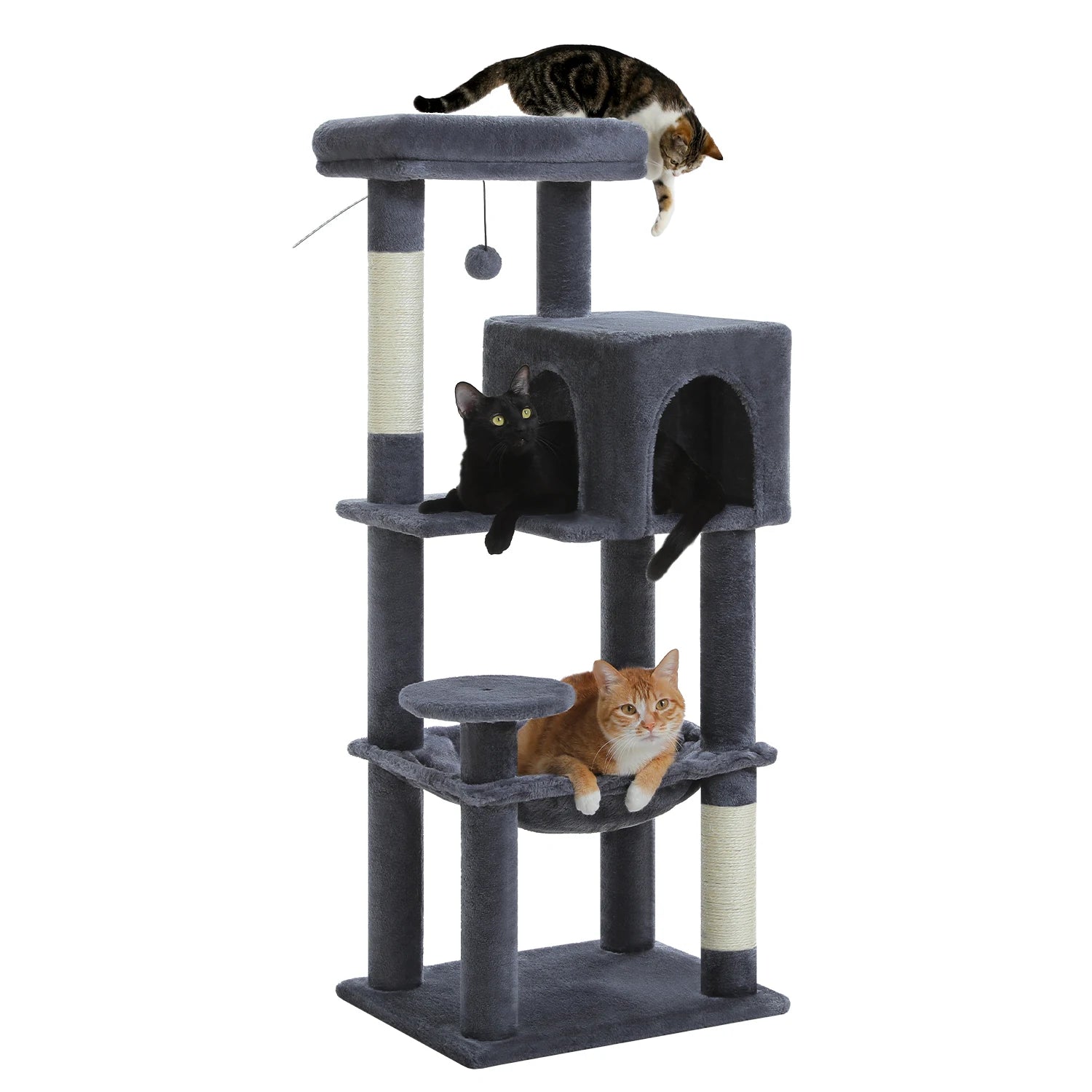 Cat tree with multiple cats on a white background