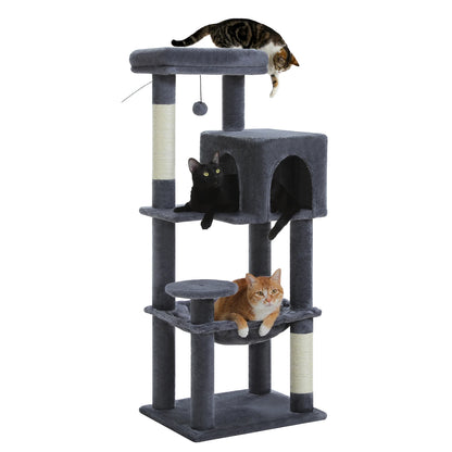 Cat tree with multiple cats on a white background