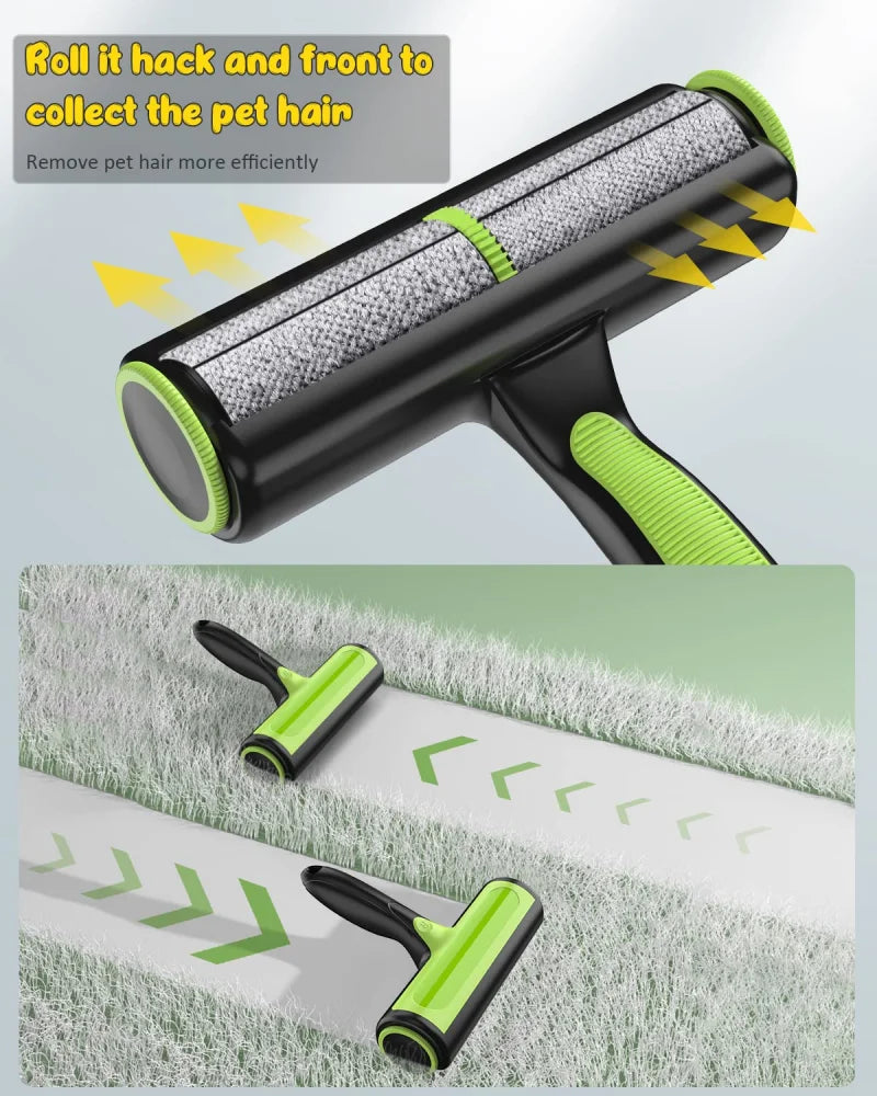 Pet hair removal roller with green handle on a light gray background
