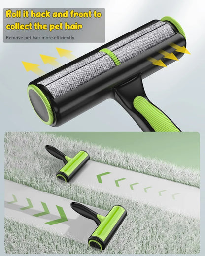 Pet hair removal roller with green handle on a light gray background