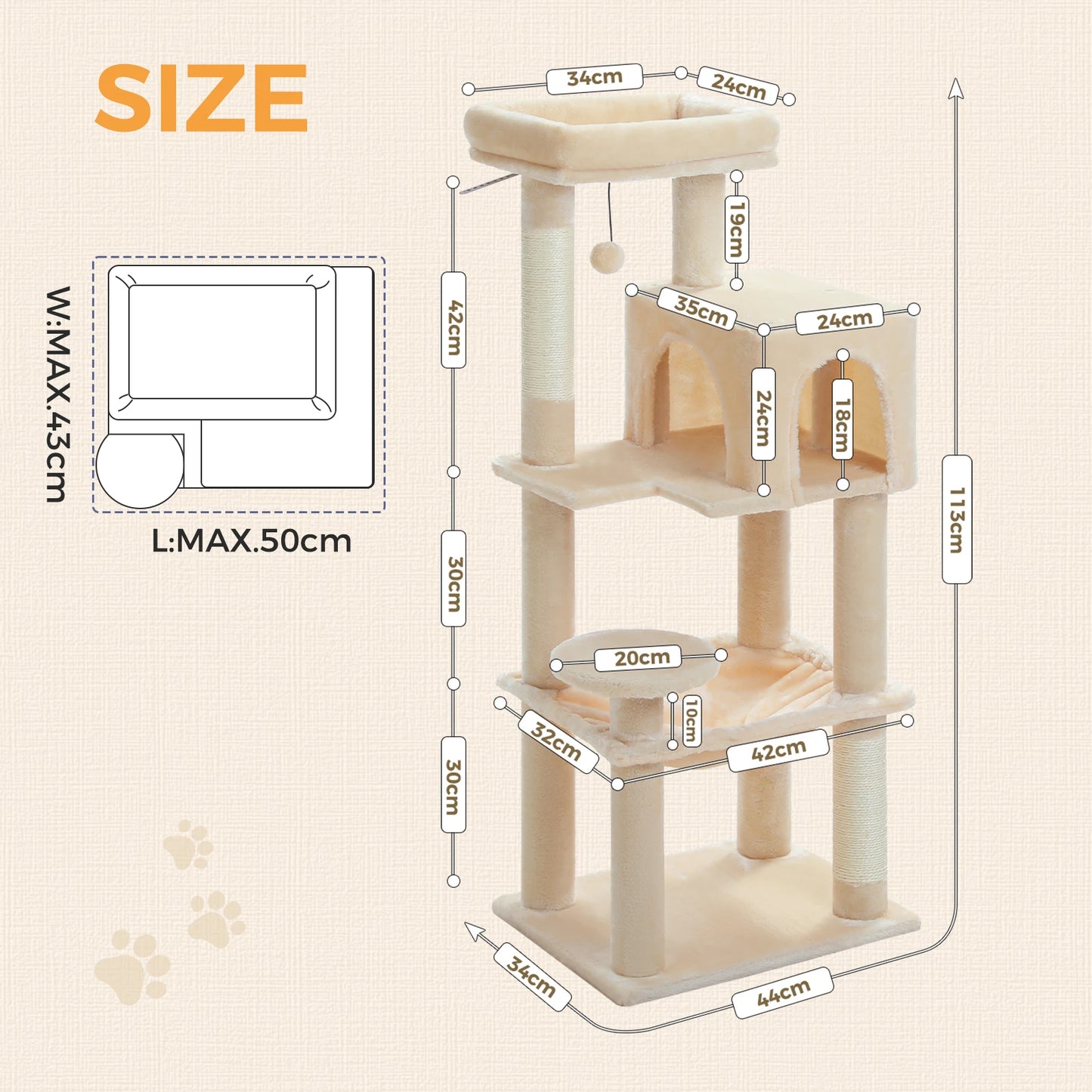 Measurement chart of a cat tree with dimensions on a beige background