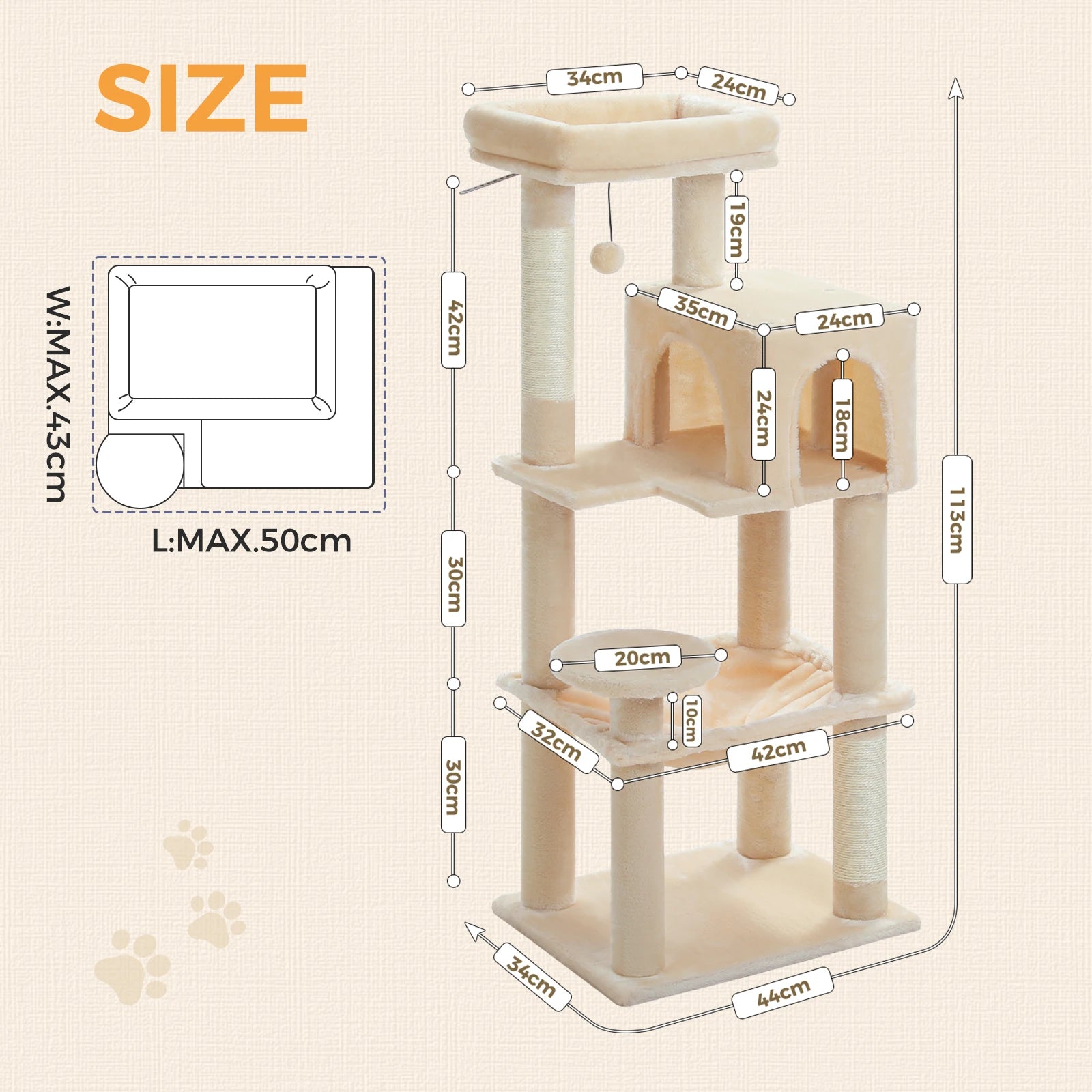 Measurement chart of a cat tree with dimensions on a beige background