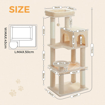 Measurement chart of a cat tree with dimensions on a beige background
