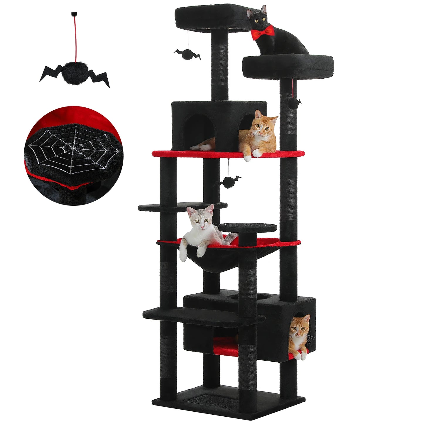 Black and red cat tree with cats on a white background