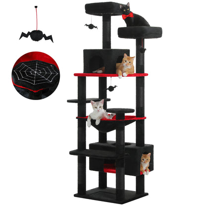 Black and red cat tree with cats on a white background