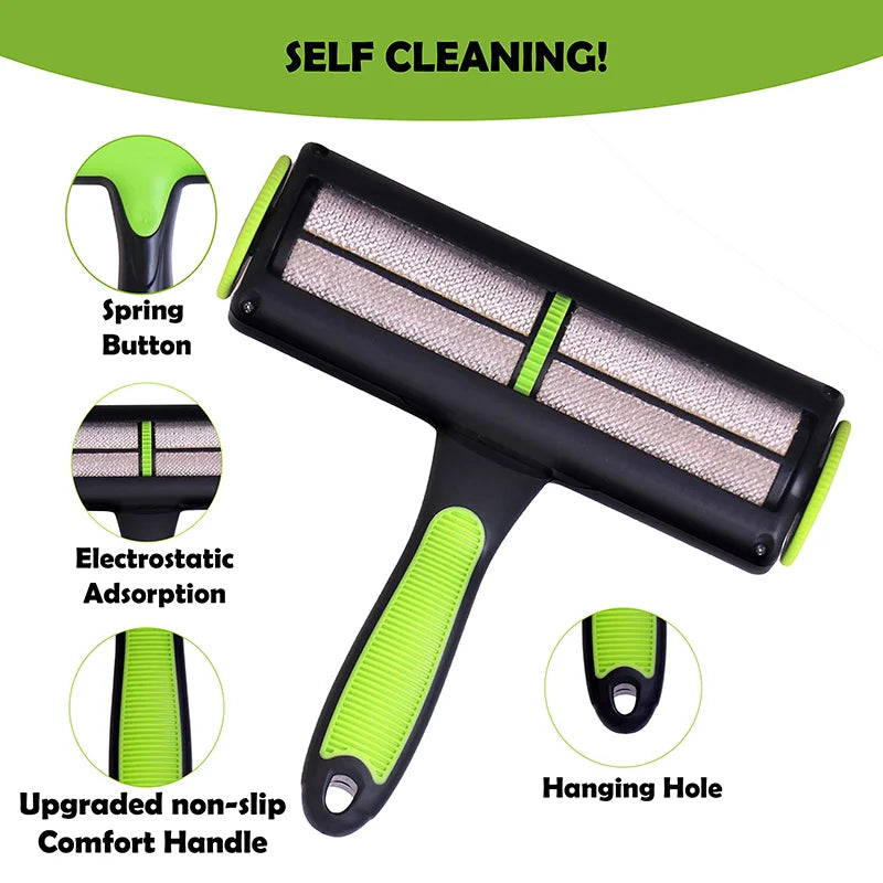 Pet hair removal roller with green handle and black surface, featuring self-cleaning technology.