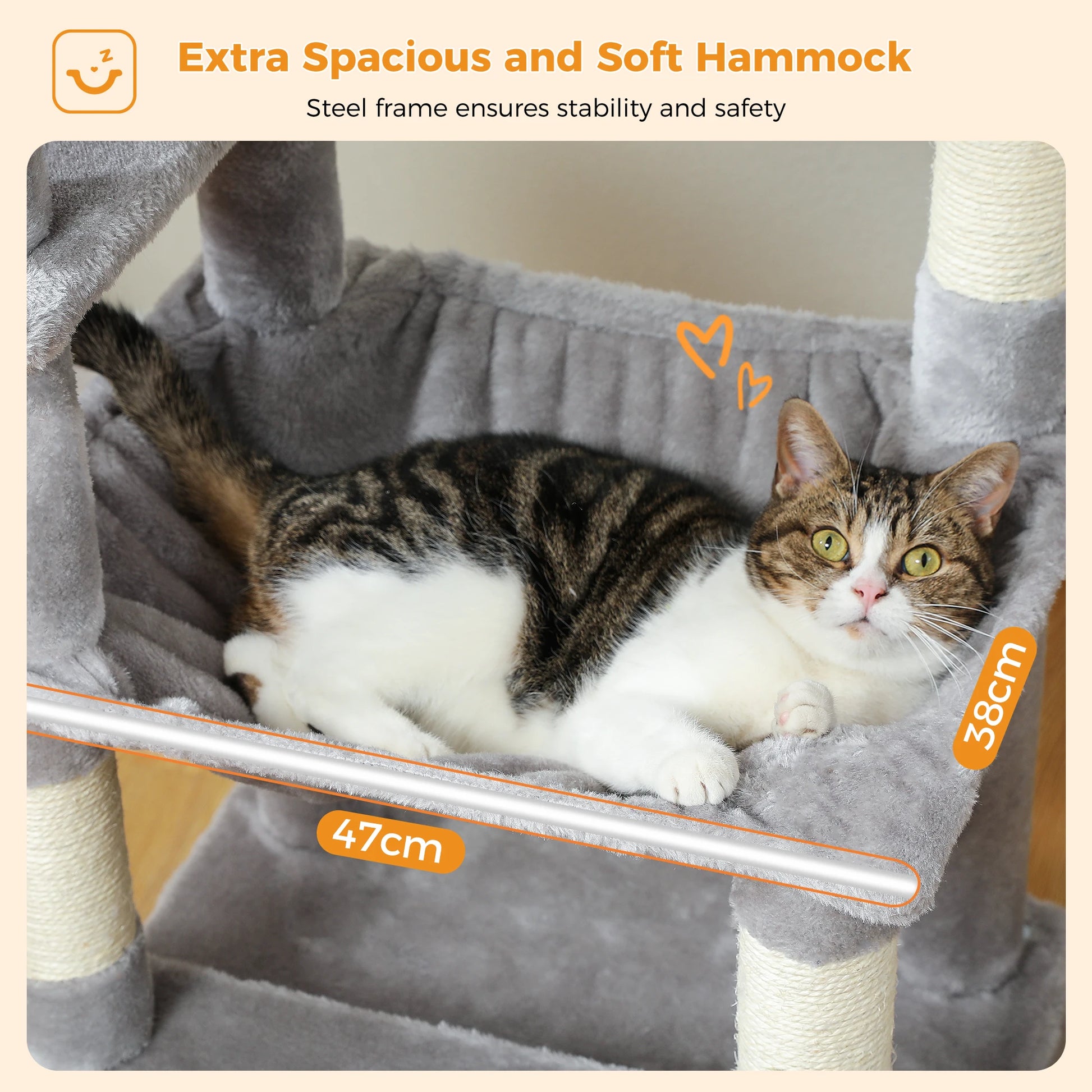 Cat lying on a gray hammock with measurements and text about its spaciousness and safety.