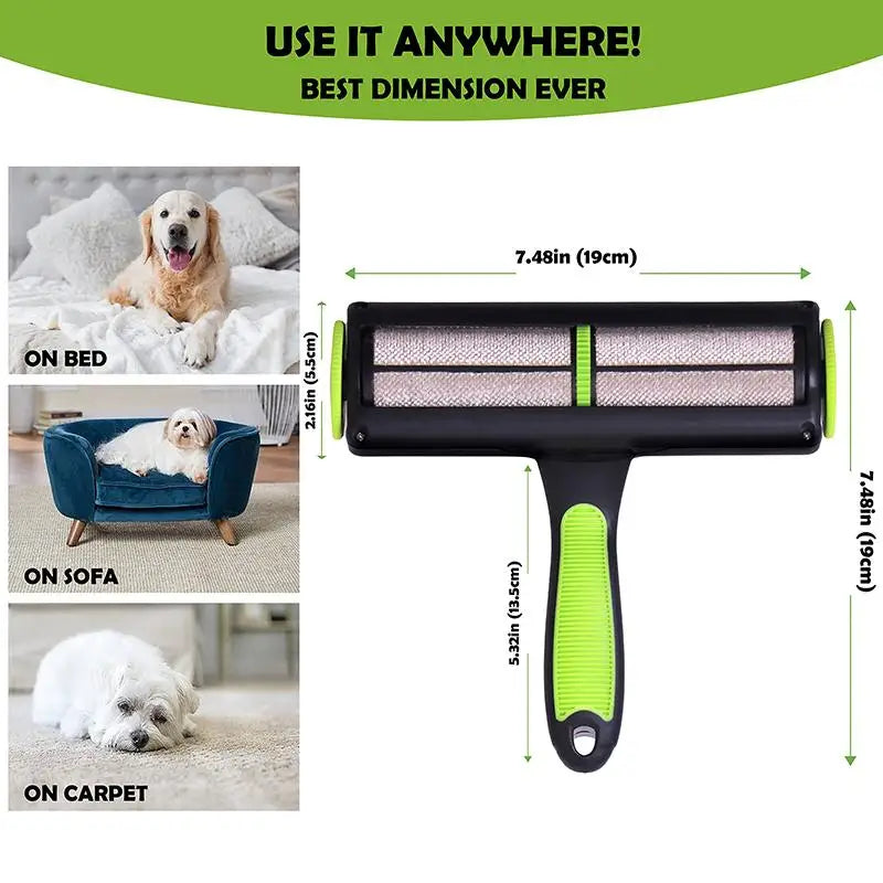 Pet grooming brush with dimensions and usage scenarios on a white background