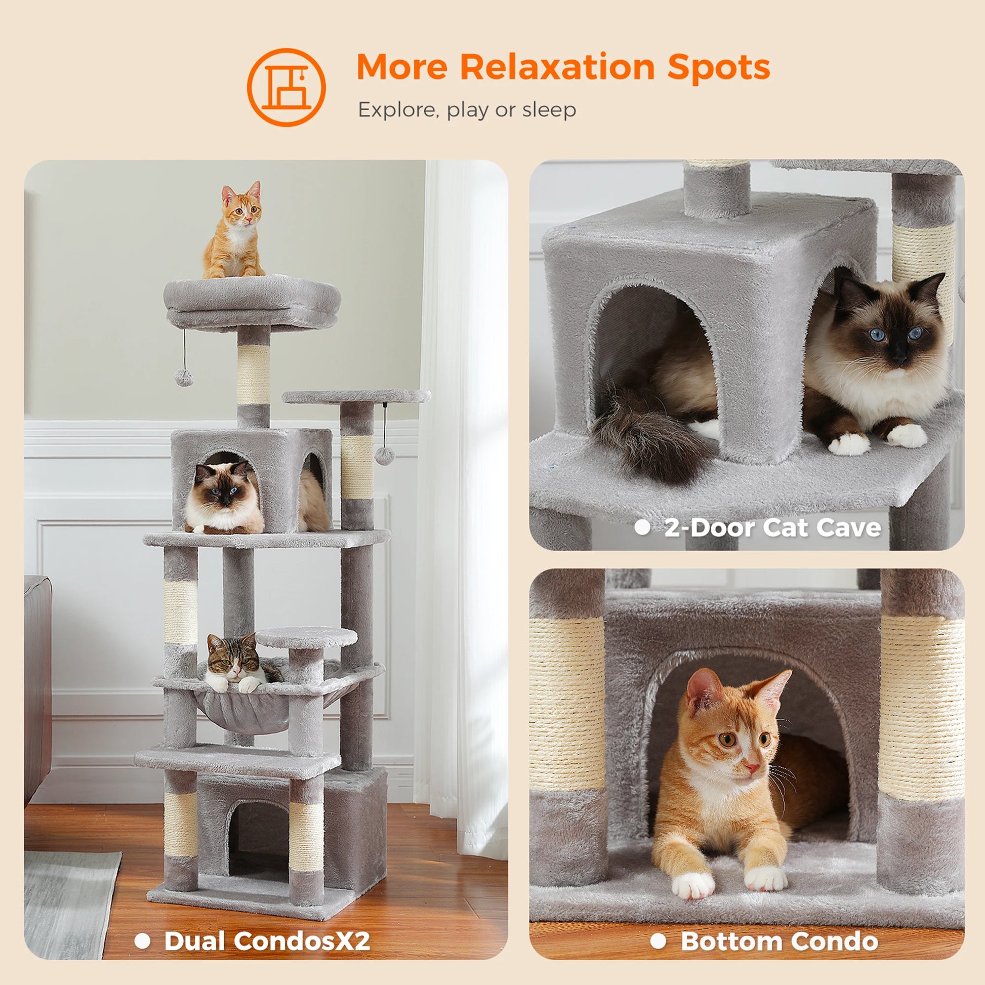 Cat tree with multiple levels and a 2-door cat cave, featuring cats on different levels.