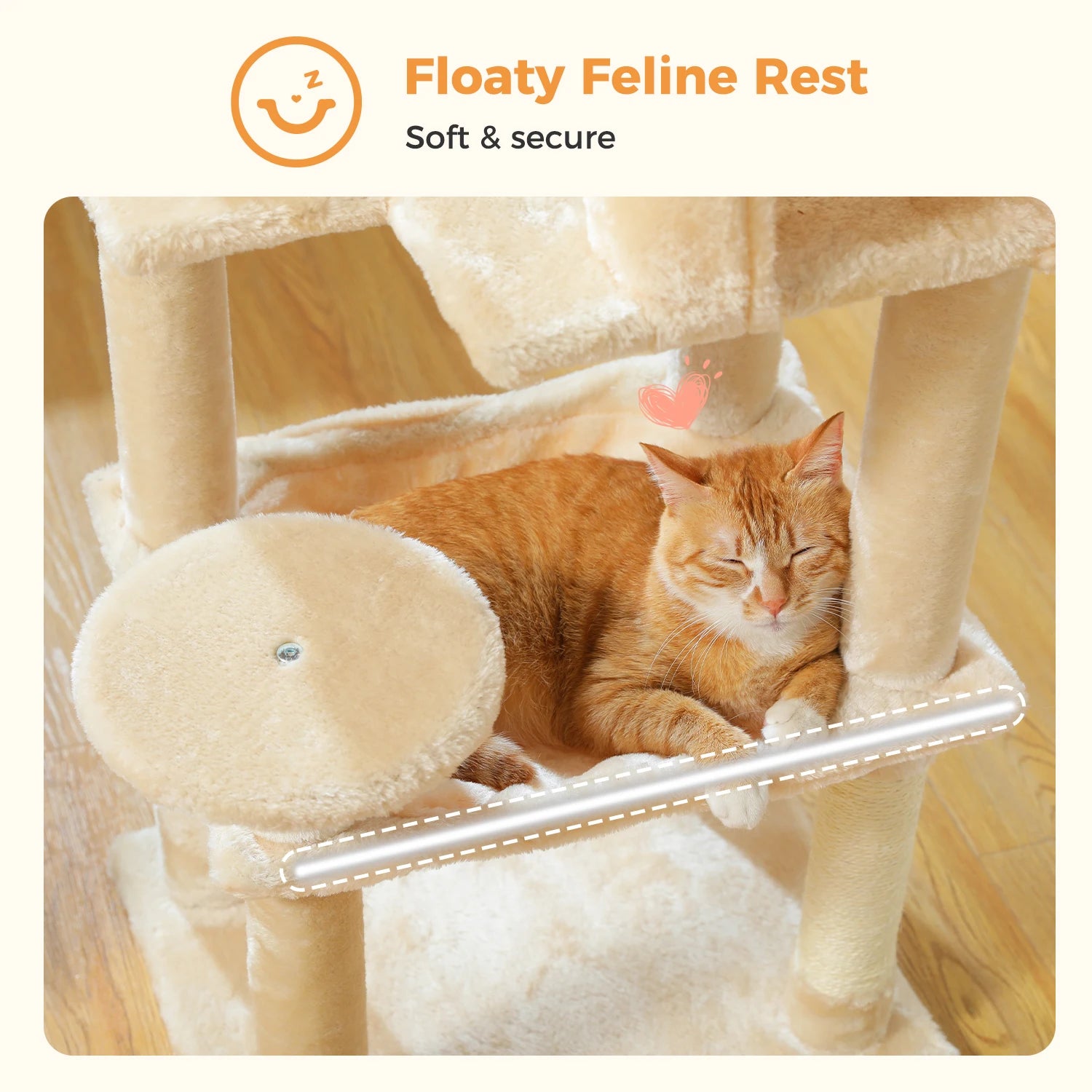 Cat resting on a 'Floaty Feline Rest' pet product with text 'Soft & secure'.