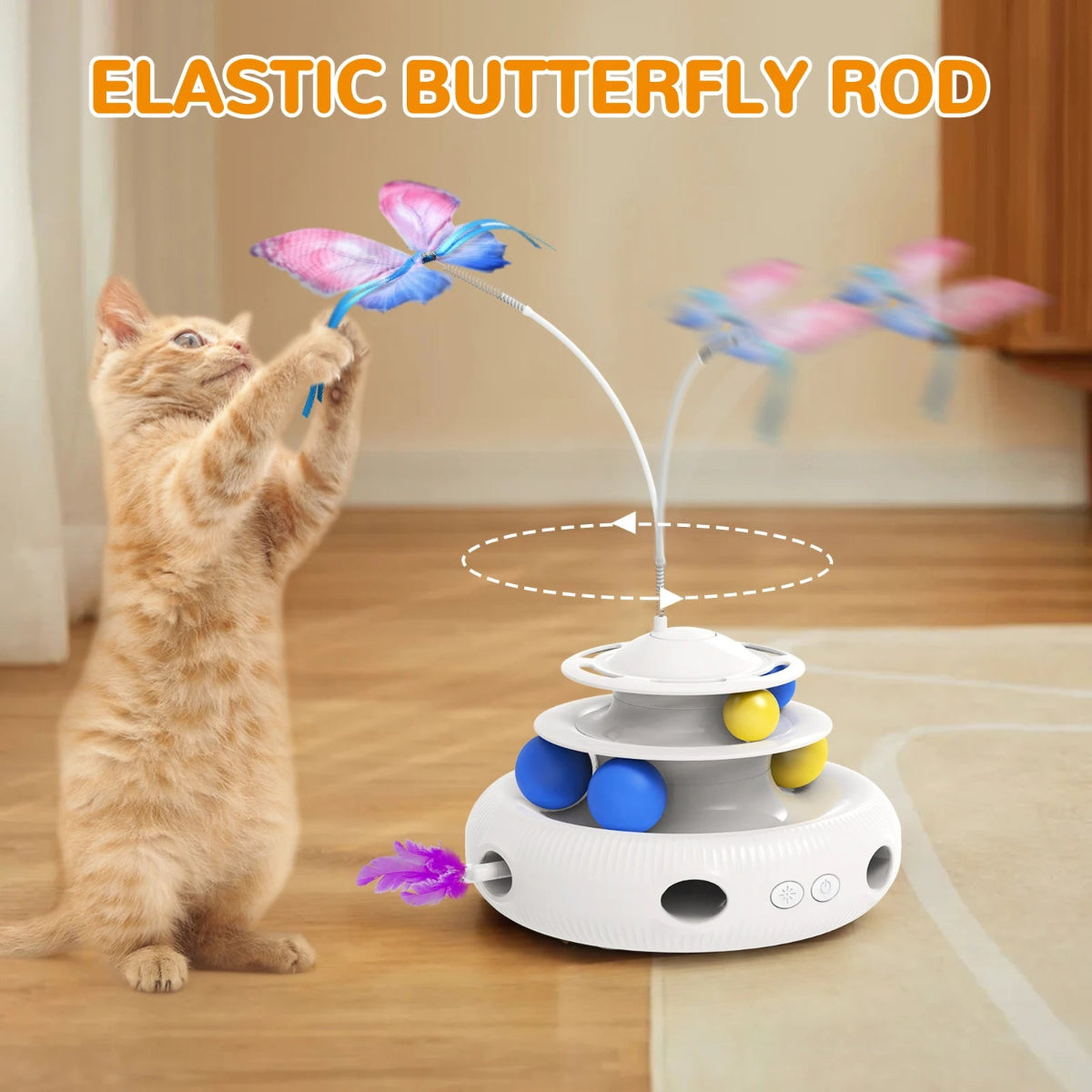 Cat playing with an elastic butterfly rod toy on a wooden floor.