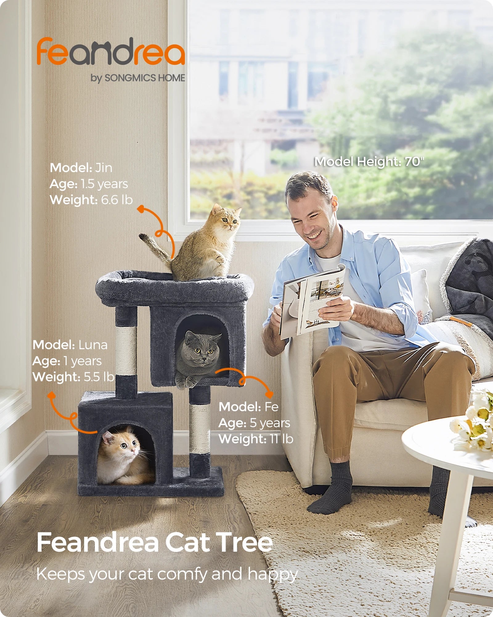 Feandrea cat tree with a man reading a book and cats on it in a living room setting.