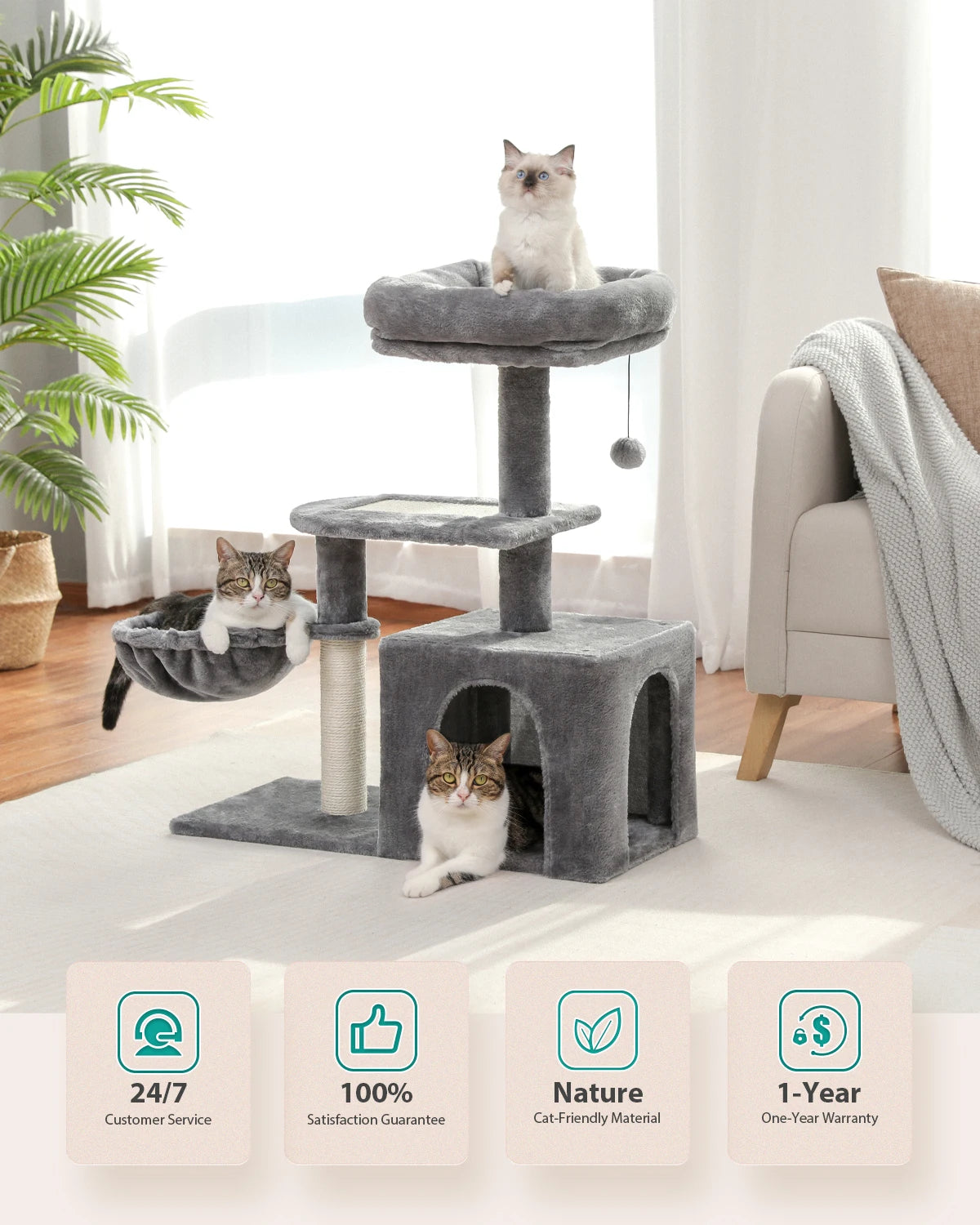 Premium Cat Activity Tree 2-in-1 - Convertible Tower with Hammock & Removable Perch