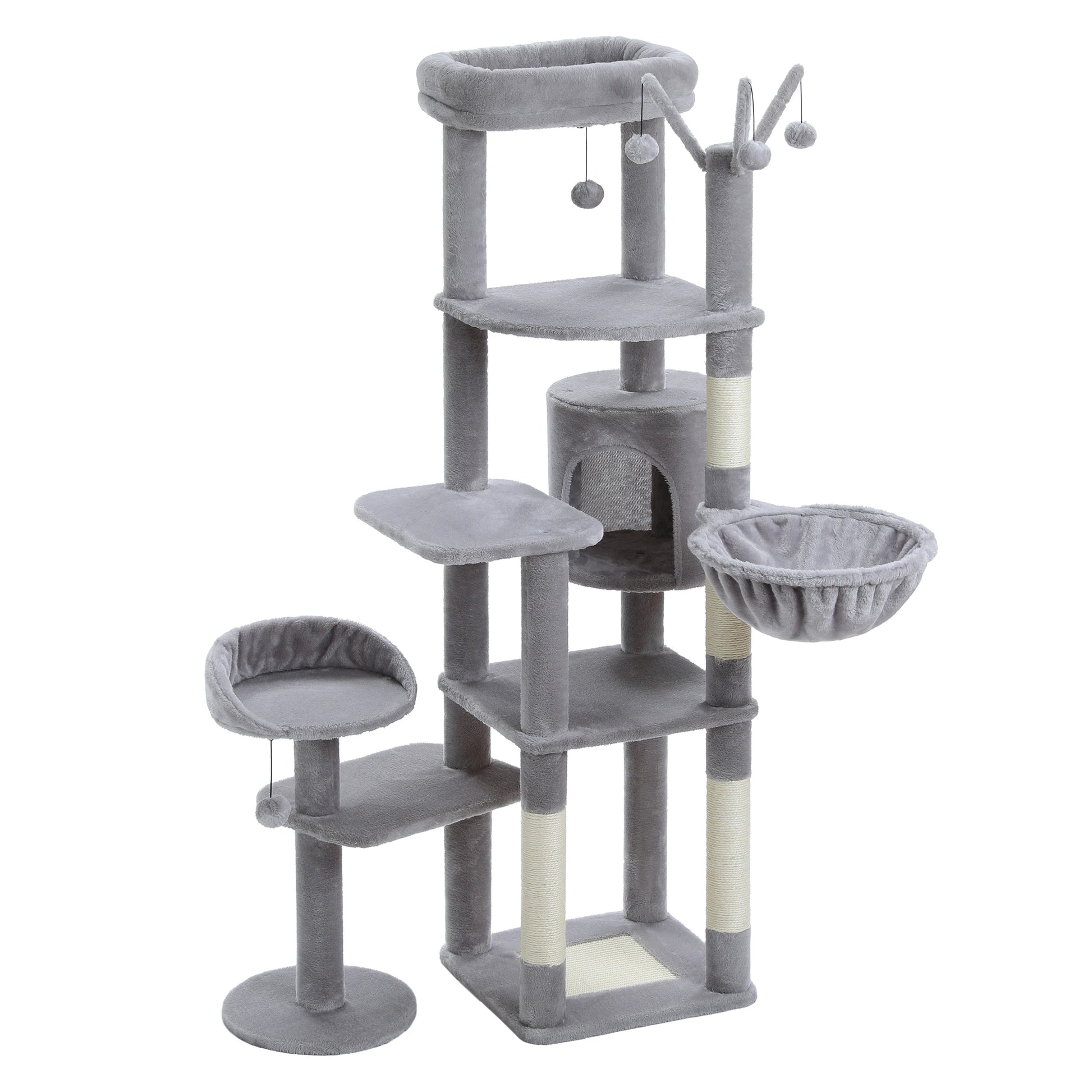Gray cat tree with multiple levels, perches, and a hammock on a white background