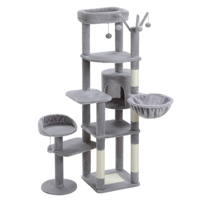 Gray cat tree with multiple levels, perches, and a hammock on a white background