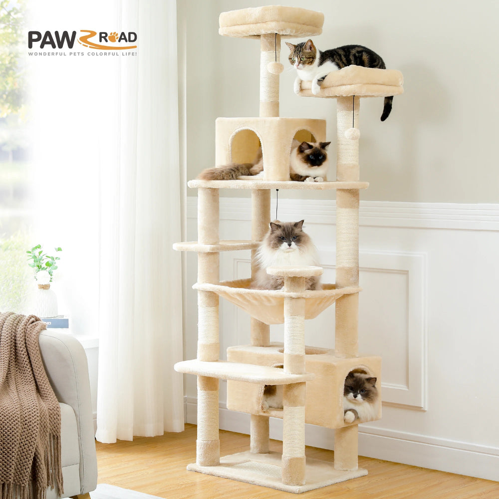 Cat tree with multiple cats on different levels in a room.