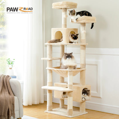 Cat tree with multiple cats on different levels in a room.